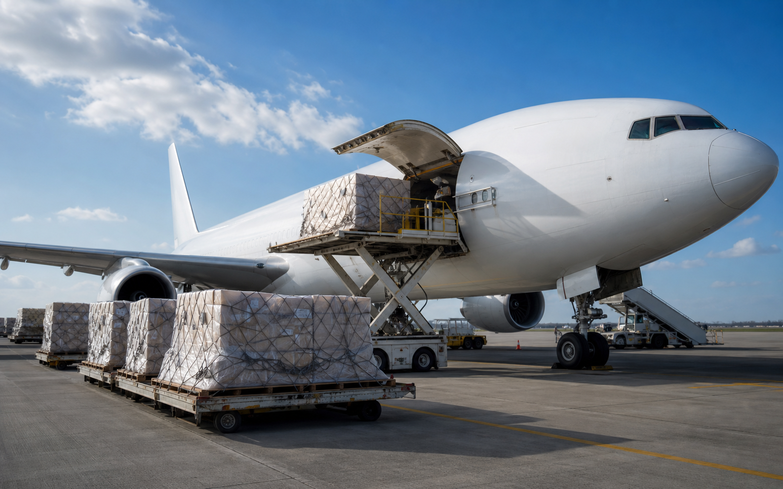 Air cargo aircraft loading freight pallets
