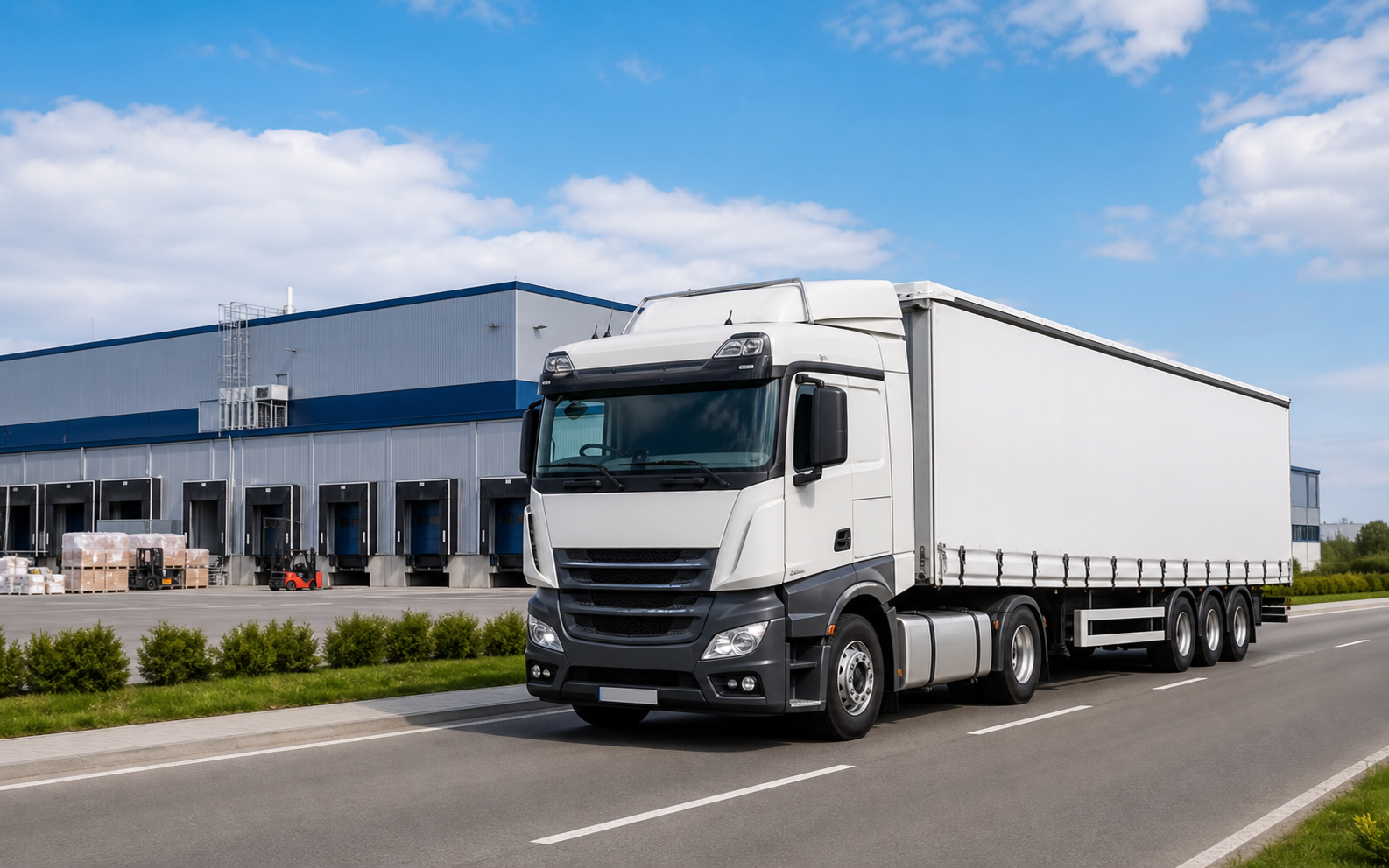 Land transport truck moving cargo near a warehouse
